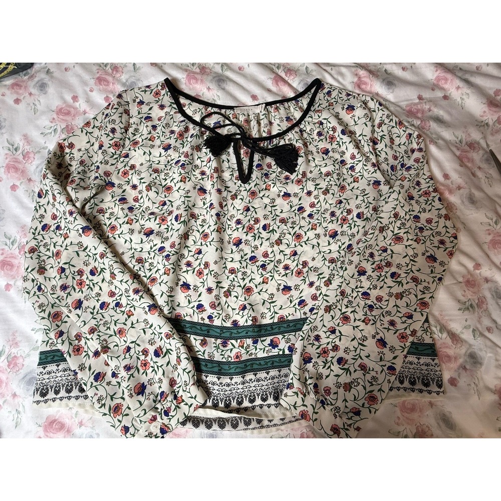Lush Women's Boho Floral‎ Blouse Top Size M Peasant Bohemian Tassel Tie Cream